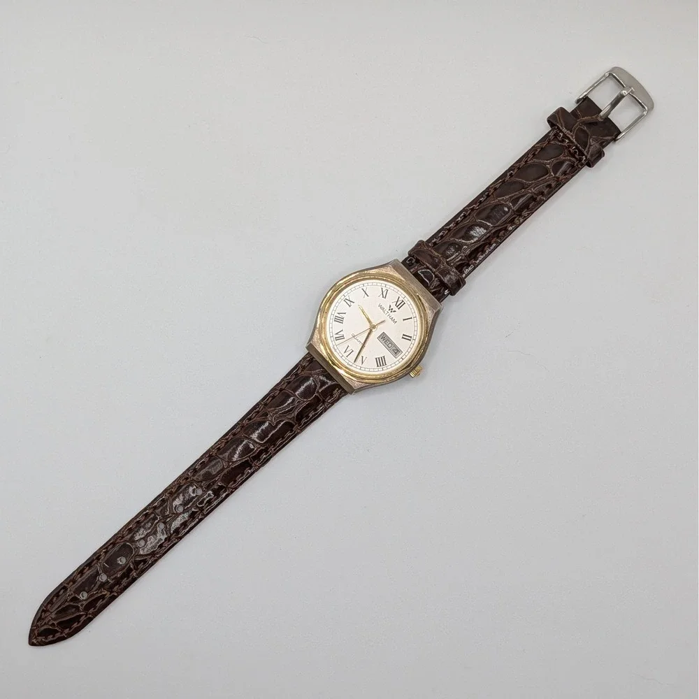 Waltham Quartz Watch Gold‎ Tone Roman Dial Day Date 33mm Sapphire Crystal